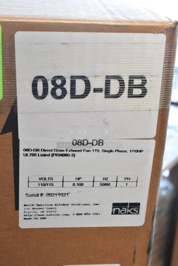 Brand new 08D-DB metal commercial direct drive exhaust fan in box, 115V, 1 phase, UL705 listed, by North American Kitchen Solutions.