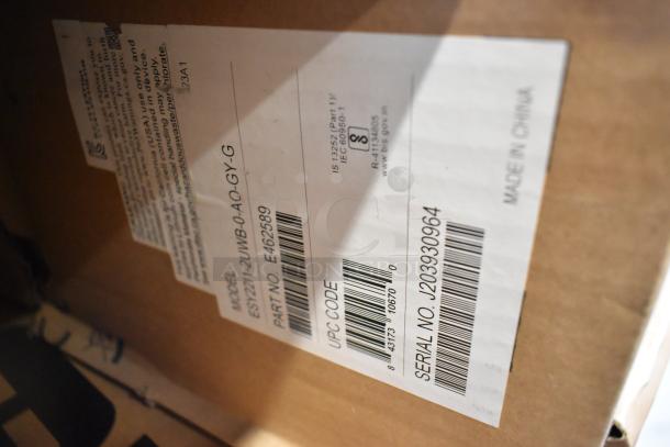 Brand new EloTouch ESY22I1-2UWB-0-AO-GY-G display box. Visible labels show model, part number E462589, and serial number J203930964.