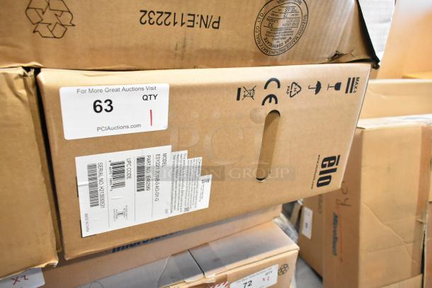 Brand new EloTouch ESY22I1-2UWB-0-AO-GY-G display in sealed box, showing model and serial number labels.