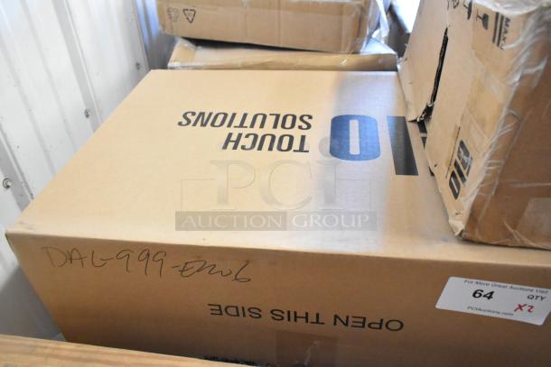 Two new EloTouch ESY22I1-2UWB-0-AO-GY-G displays in box, labeled "Touch Solutions," with auction details.