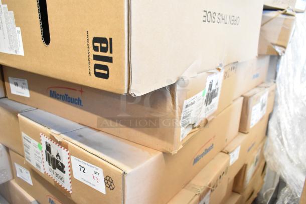 Brand new MicroTouch IC-215P-AA2 monitors in sealed boxes. Quantity: 2. Boxes labeled with brand and model.
