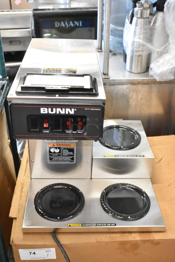 Brand new 2022 Bunn VP17-3 stainless steel commercial 3 burner coffee machine, 120V, 1 phase, in original box.