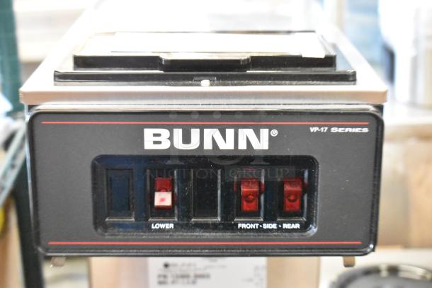 BRAND NEW Bunn VP17-3 stainless steel commercial coffee machine, 2022 model, three burners, 120 volts, 1 phase, in box.