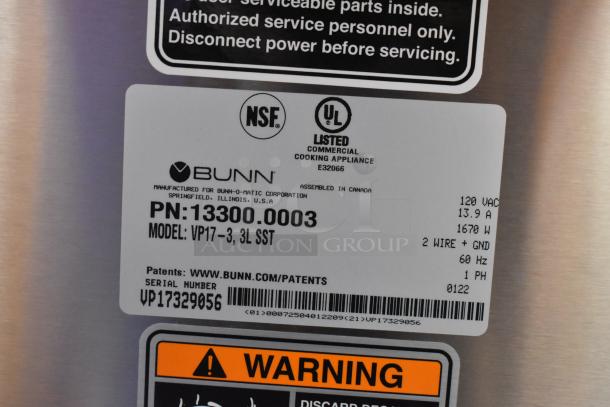 BRAND NEW 2022 Bunn VP17-3 Coffee Machine, stainless steel, 3 burners, 120V, 1 phase. Tags indicate NSF, UL listed. Serial: VP17329056.