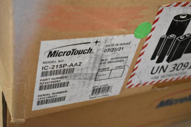 BRAND NEW MicroTouch IC-215P-AA2 Monitor in box. Visible label showing model number, part number RZ44700083, serial 131C100221.