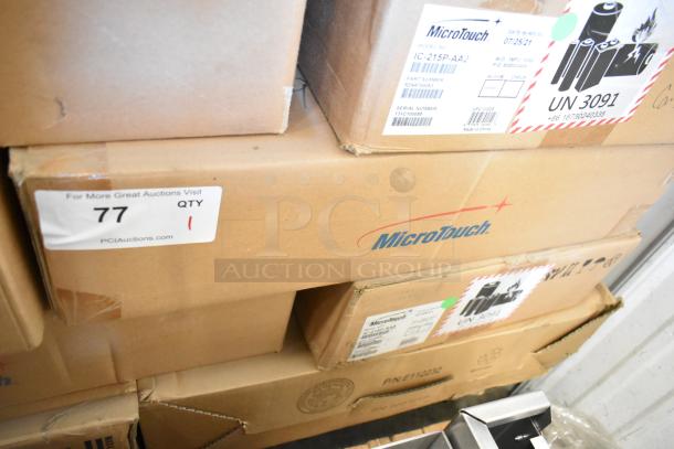 Brand new MicroTouch IC-215P-AA2 monitor in box. Features labels with model, part and serial numbers. Boxes are sealed.