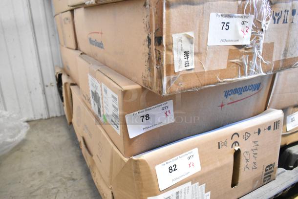 2 new MicroTouch IC-215P-AA2 monitors in boxes, labels indicate auction lot with quantity noted as x2.