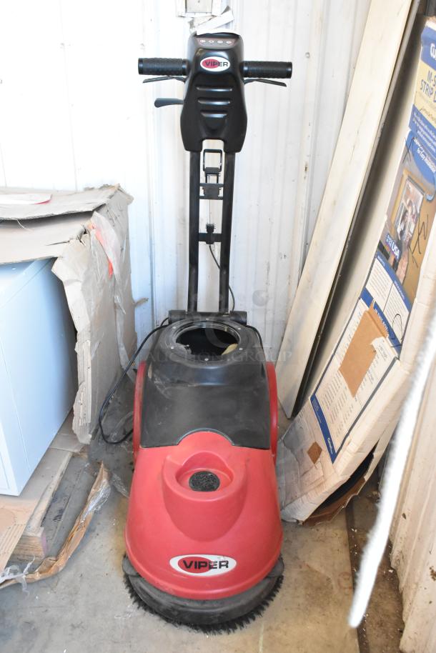 Viper FANG15B floor cleaning machine in used condition, black and red, visible Viper branding on handle and body.