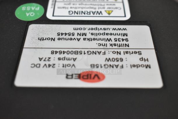 Viper FANG15B Floor Cleaning Machine label showing model, serial number, and voltage details.