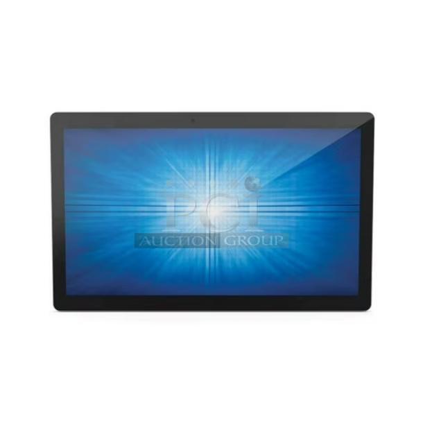 Two brand new EloTouch ESY22I1-2UWB-0-AO-GY-G displays in boxes, featuring sleek design and vibrant screens.