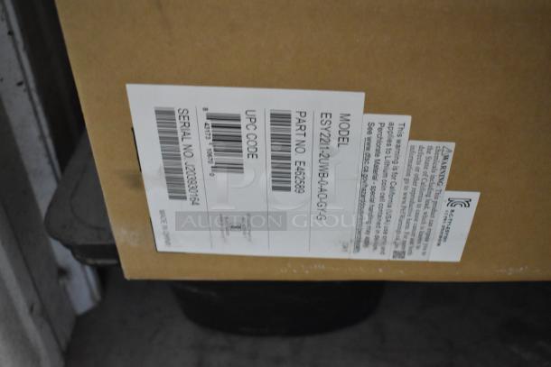 Brand new EloTouch ESY22I1-2UWB-0-AO-GY-G display in box. Model and serial numbers visible.