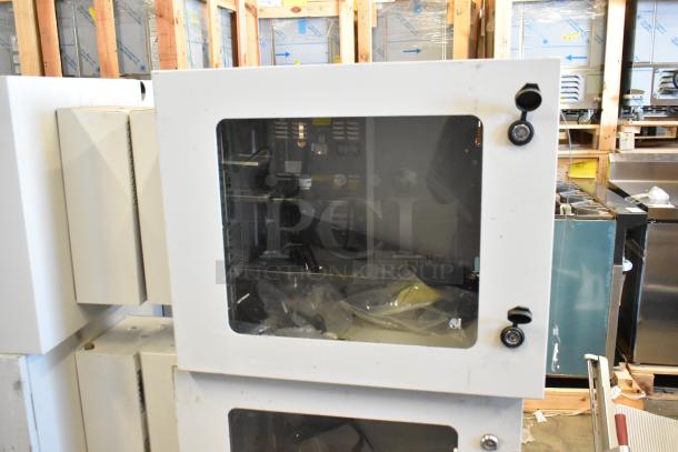 2 BlackShields DC0300 white metal cabinets, brand new, with glass doors and secure locking mechanisms.