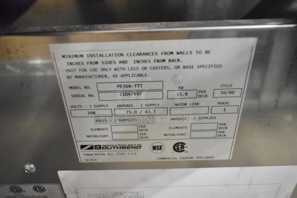 Brand new Southbend PE36N-TTT stainless steel electric griddle with label. Features 208V, 1 phase, serial 21D47997.