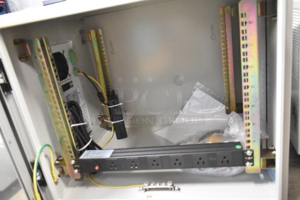 BRAND NEW BlackShields DC0300 white metal cabinet, no key, interior view with power strip and wiring, in excellent condition.