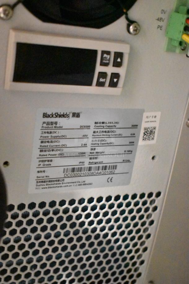 BRAND NEW! BlackShields DC0300 White Metal Cabinet, no key. Features cooling and power specs label. Serial No. observable.
