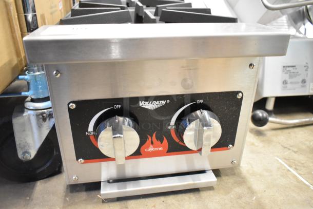 Brand new Vollrath HPA-1002 stainless steel 2-burner range, natural gas, 26,000 BTU, countertop design.