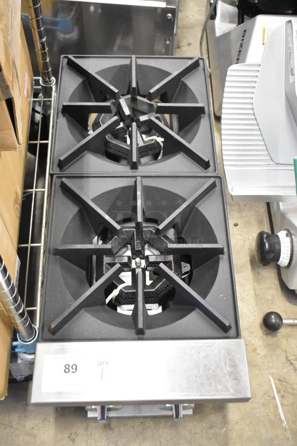 Brand new Vollrath HPA-1002 40736 stainless steel 2-burner range, natural gas, 26,000 BTU, commercial countertop model.