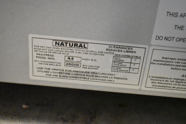 Vollrath HPA-1002, 2 burner stainless steel range. Natural gas, 26,000 BTU, brand new. Label details gas pressure.