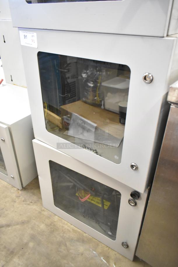 Brand new BlackShields DC0300 white metal cabinet, missing keys, features secure locks, durable build, set of two.