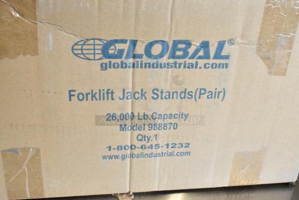 Brand new Global 988870 forklift jack stands, 26,000 lb capacity, pair. Model info printed on box.