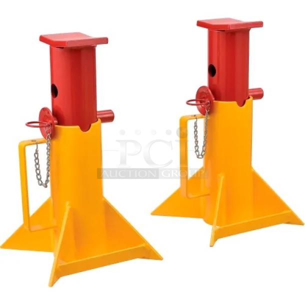Brand new pair of Global 988870 forklift jack stands, 26,000 lb capacity, vibrant red and yellow design, durable construction.