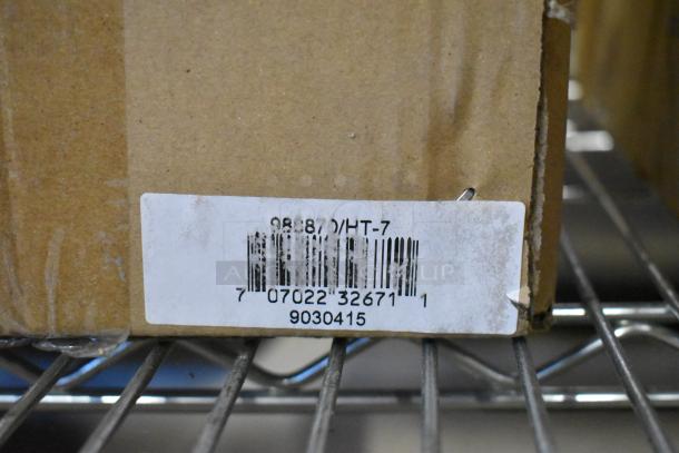 Brand new Global 988870 forklift jack stand box with barcode, rated 26,000 lbs capacity, on metal shelf.