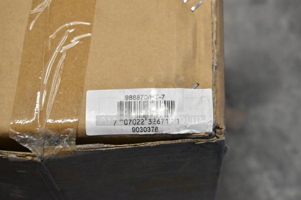 Box containing a brand new pair of Global 988870 forklift jack stands. Label shows model and barcode; 26,000-pound capacity.