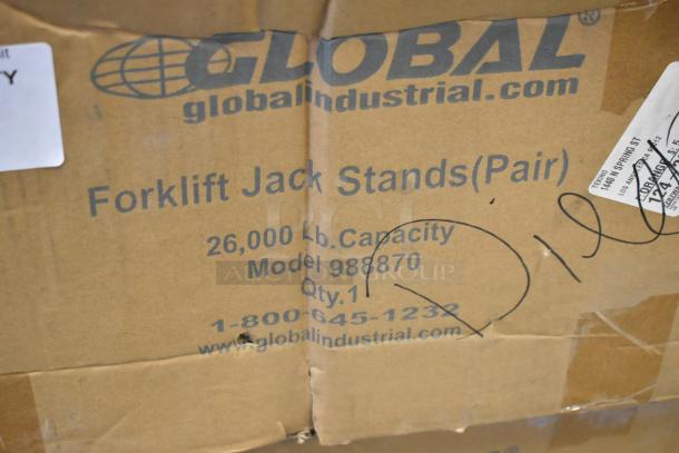 Box for Global 988870 Forklift Jack Stands, brand new, 26,000 lb. capacity, set of 2, shows model and contact details.