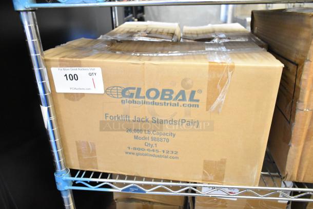 Brand new pair of Global 988870 forklift jack stands, 26,000 lb capacity, in original packaging. Model details on box.