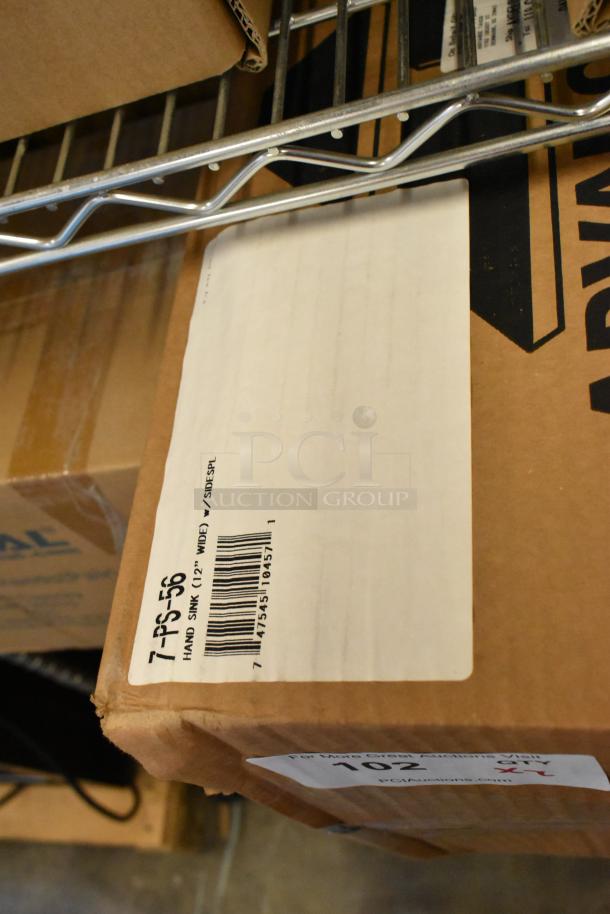 Boxed Advance Tabco 7-PS-56 stainless steel wall mount sink, model label and barcode visible, new condition.