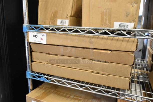 4 new StarTech 1U Cantilever Shelves in boxes on a metal shelf with auction label reading "103 QTY x4".
