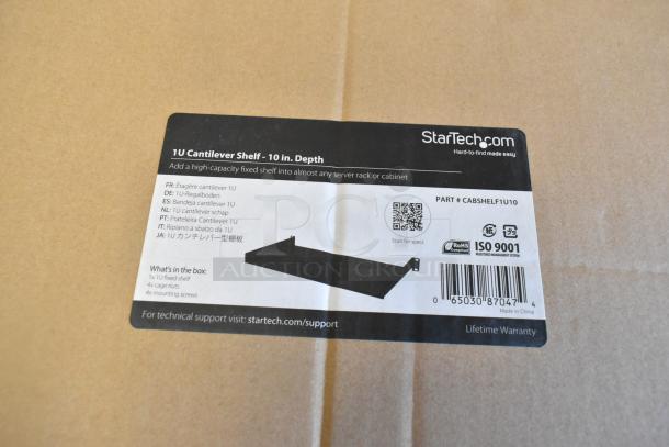 StarTech 1U Cantilever Shelf new in box, 10" depth, includes shelf, 4 cage nuts, 4 screws. Part #CABSHLF1U10, ISO 9001.