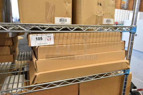 4 sealed boxes of StarTech 1U Cantilever Shelves on a metal rack, auction qty 4x.