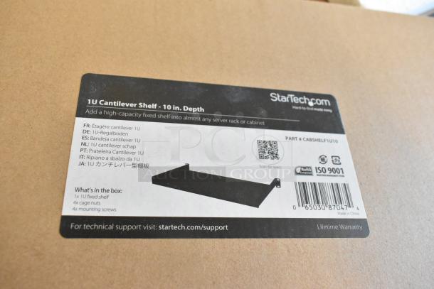 Brand new StarTech 1U Cantilever Shelf, 10-inch depth, boxed, includes mounting hardware, ISO 9001 certified.