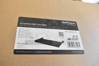 Brand new StarTech 1U Cantilever Shelf, 10-inch depth, boxed, includes mounting hardware, ISO 9001 certified.