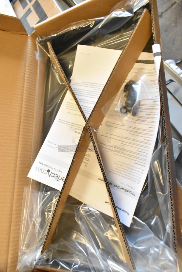 4 Brand New StarTech 1U Cantilever Shelves in original box, sealed packaging, includes installation guides and hardware.