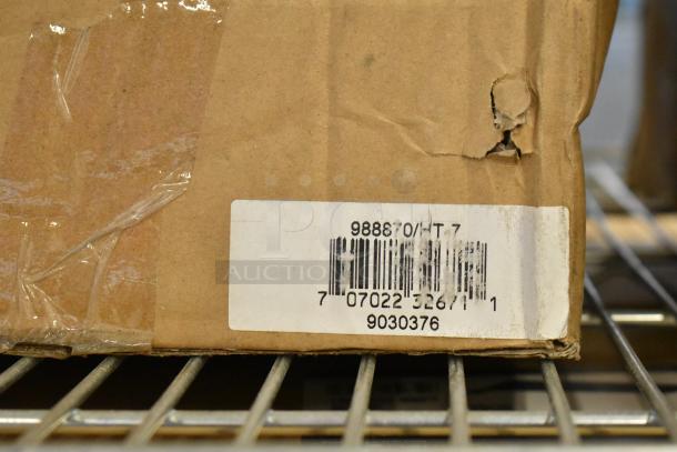 Brown box with a visible label showing barcode for Global 988870 Forklift Jack Stand, 26,000 lb capacity, new condition.