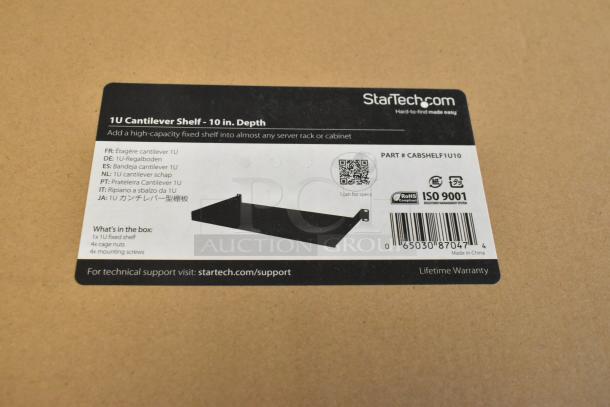 Five new StarTech 1U Cantilever Shelves in original packaging, part #CABSHELF1U10, with hardware, ISO 9001 certified.