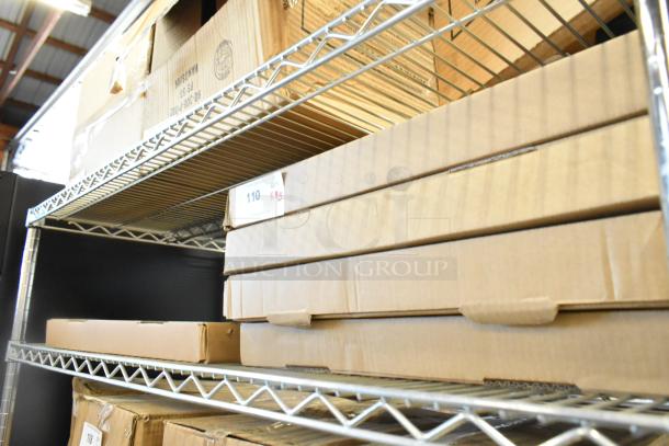 5 new StarTech 1U Cantilever Shelves in boxes, stacked on a metal shelf. Label indicates quantity of 5 per bid.