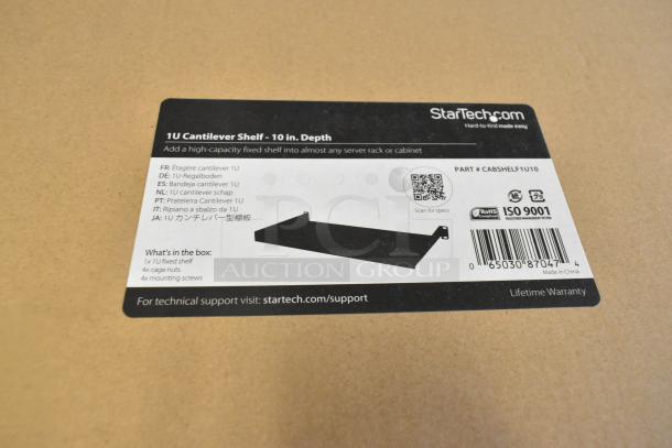 StarTech 1U Cantilever Shelf box label, detailing model #CABSHELF1U10, ISO 9001 compliant, made in China.