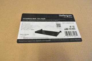 StarTech 1U Cantilever Shelf box label, detailing model #CABSHELF1U10, ISO 9001 compliant, made in China.