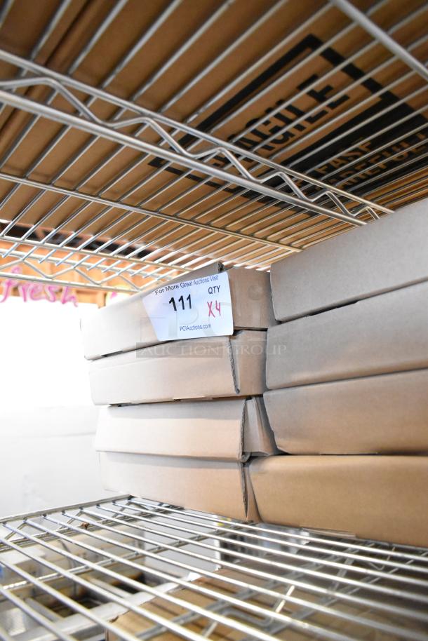 Brand new in box StarTech 1U Cantilever Shelf, quantity of 4. Auction tag indicates lot 111, 4 times your bid.