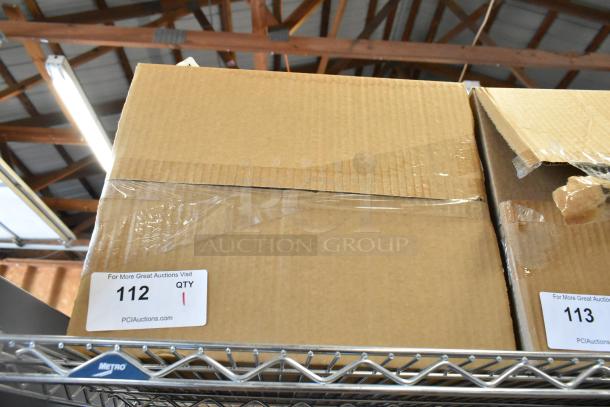 Brand new Advance Tabco 7-PS-56 stainless steel single bay wall mount sink in box, auction label with number 112 visible.