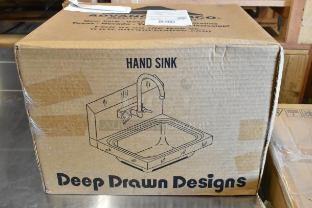 Brand new Advance Tabco 7-PS-56 stainless steel single bay wall mount sink in box, features hand sink illustration.