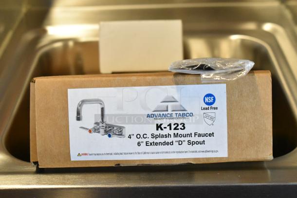 Brand new Advance Tabco 7-PS-56 stainless steel single bay wall mount sink. Includes K-123 faucet with 6" extended spout.