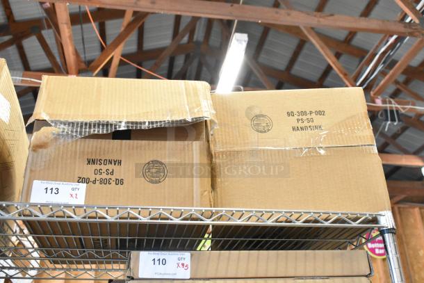 Two new Advance Tabco 7-PS-56 stainless steel single bay wall mount sinks in unopened boxes, marked PS-50 HANDSINK.