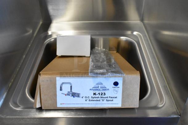 Brand new Advance Tabco 7-PS-56 stainless steel single bay wall mount sink with faucet set in box. Lead-free, splash mount.