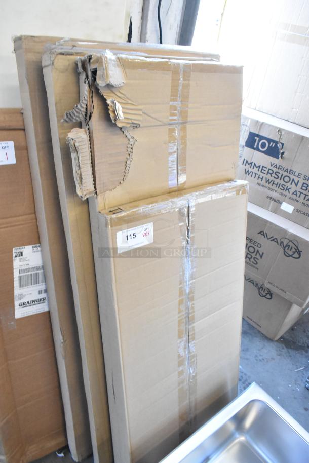 Five brand new items in boxes, including four 5GRV4B wire shelves (43x18 inches) and one 5GRU6B. Boxes show minimal wear.