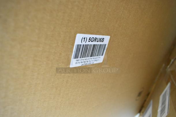 Brown box with a label reading "5GRU6B", indicating a brand new item. Part of a set including 4 wire shelves 43x18.