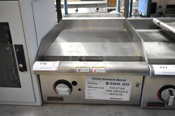 Brand new 2022 Tri Star TSGGM-18i stainless steel natural gas countertop griddle. Price tag shows $399. Warning label present.